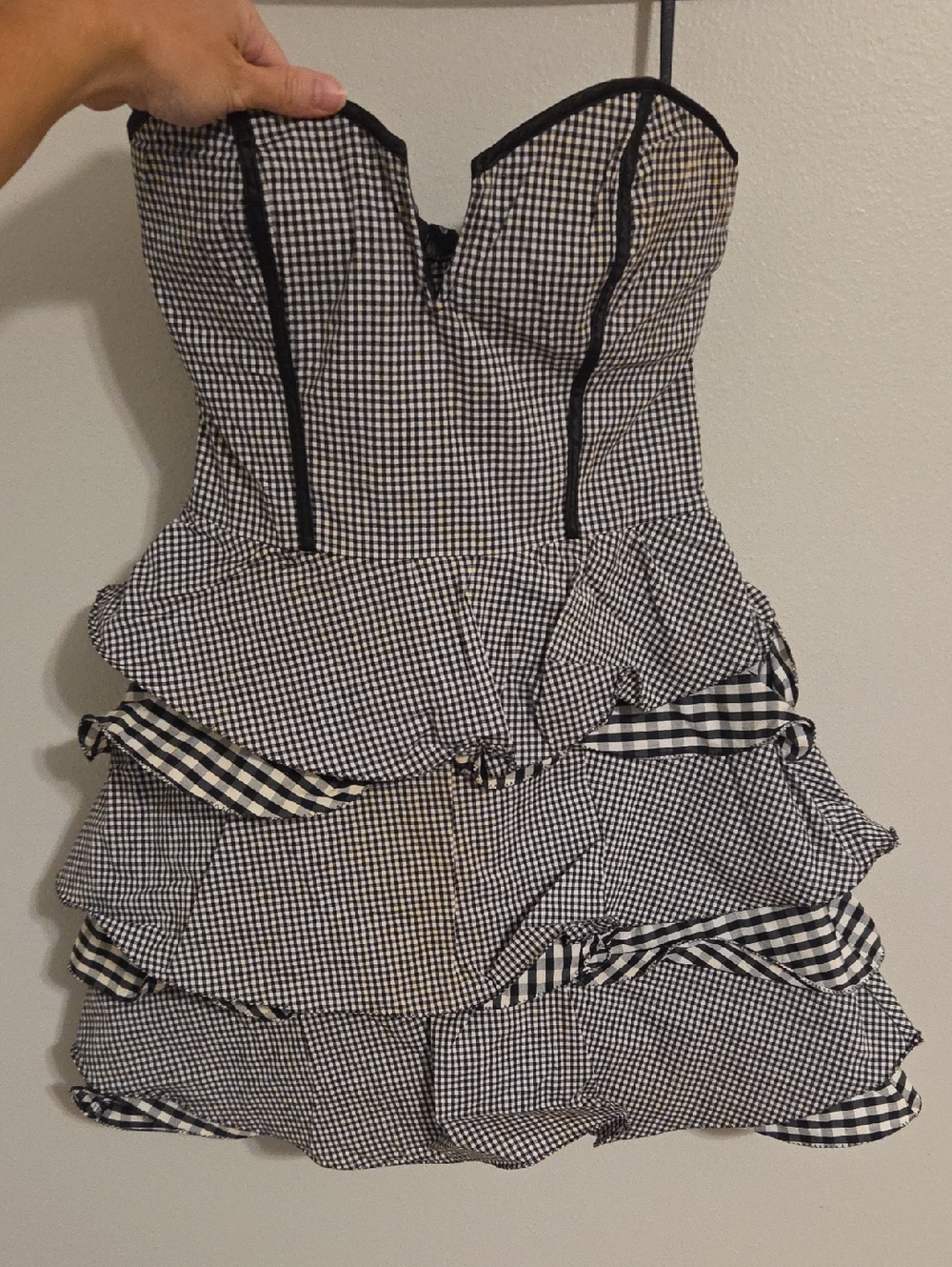 bebe Black and White Gingham Strapless Ruffle Mini Dress